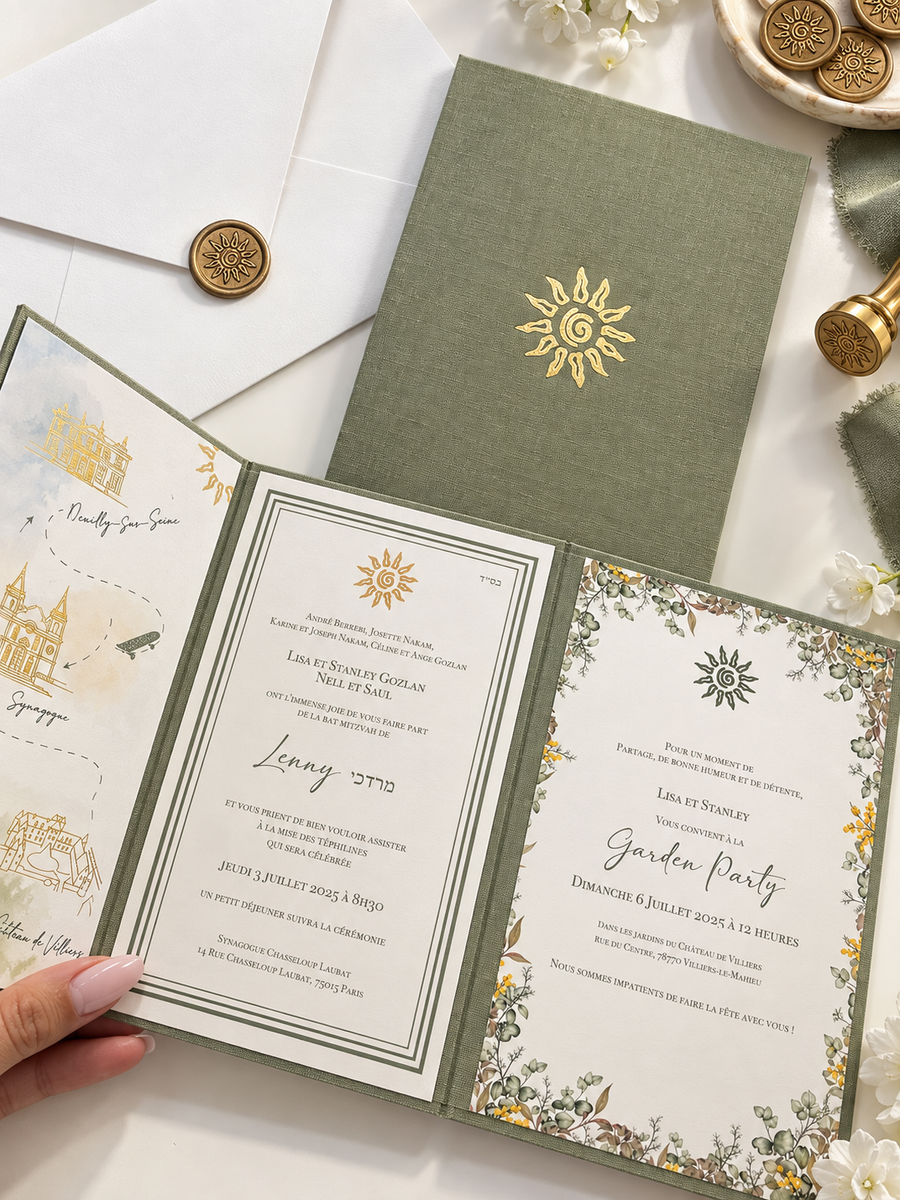 Invitation Bat Mitsvah sur mesure – triptyque en lin & dorure