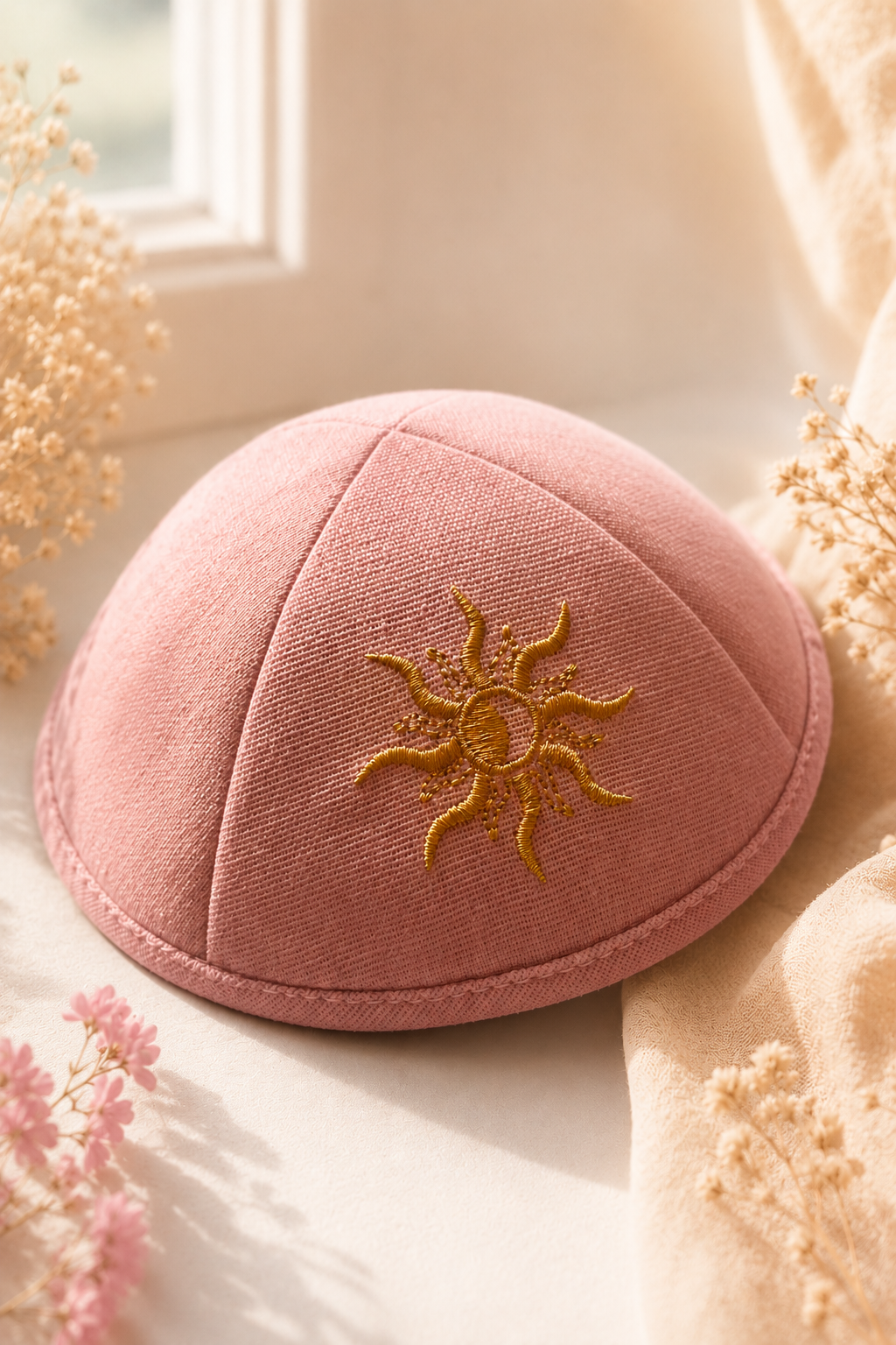 Kippa rose avec soleil brodé