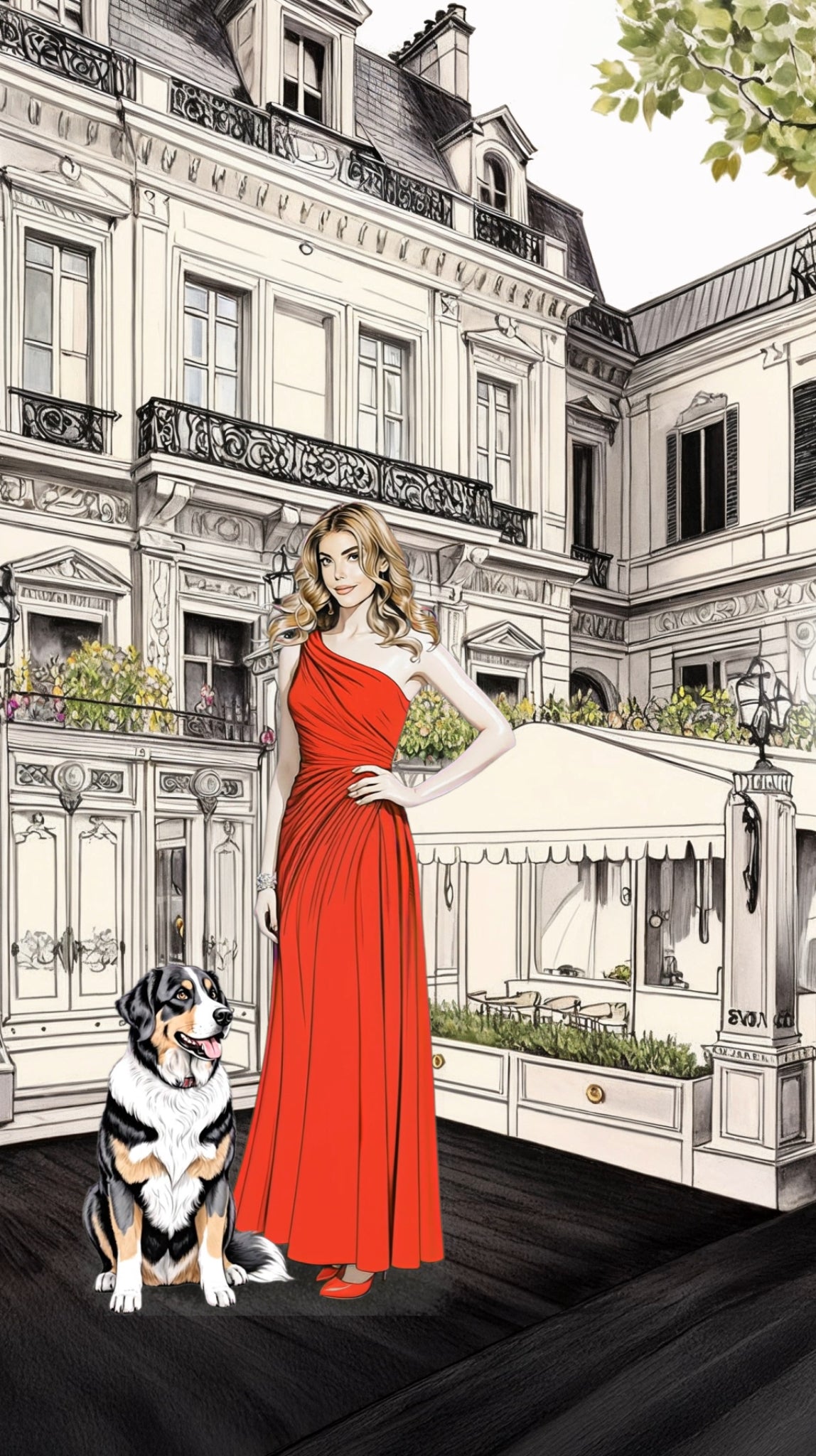 Invitation digitale animée personnalisée illustrant une femme en robe rouge accompagnée de son chien devant un lieu de réception, idéale pour un mariage, une Bat Mitsvah ou un événement élégant.