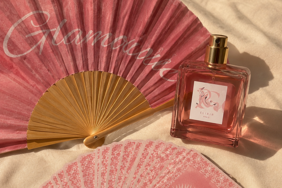 Éventail personnalisé rose poudré avec prénom imprimé et monture en bois naturel, présenté dans une ambiance élégante.