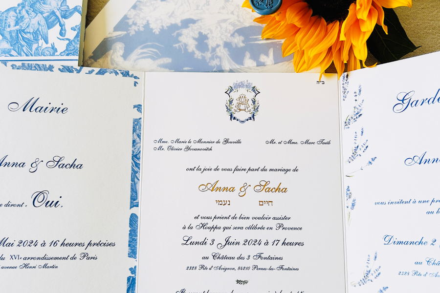 Faire-Part de Mariage Personnalisé – Collection Toile de Jouy Bleue