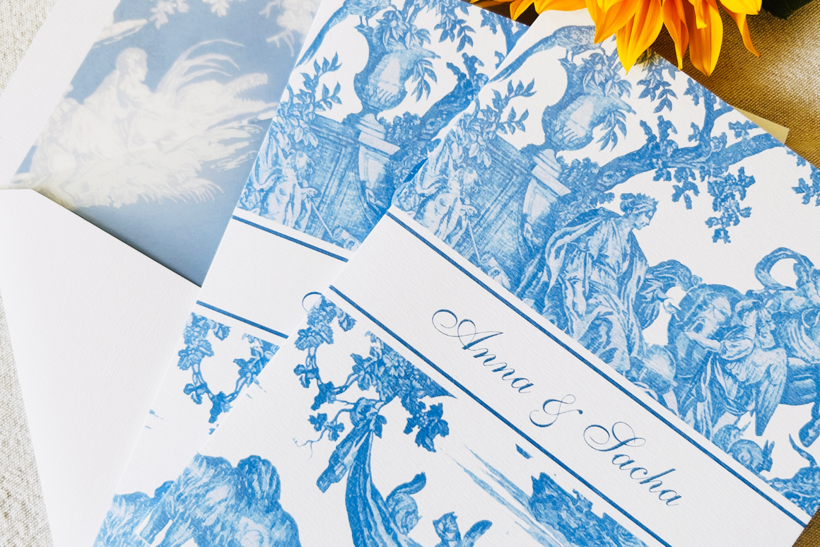 Faire-Part de Mariage Personnalisé – Collection Toile de Jouy Bleue