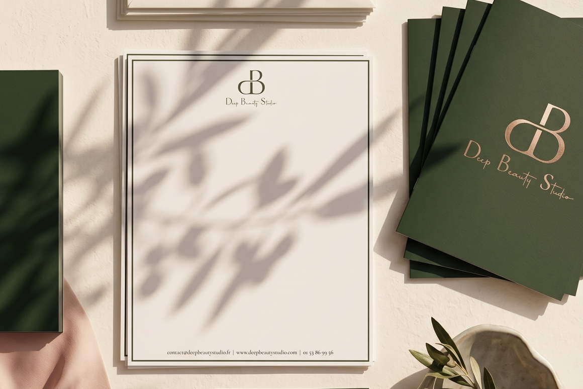 Collection de papeterie professionnelle personnalisée comprenant cartes de visite, papier à en-tête, enveloppes et supports de communication avec identité visuelle sur mesure.