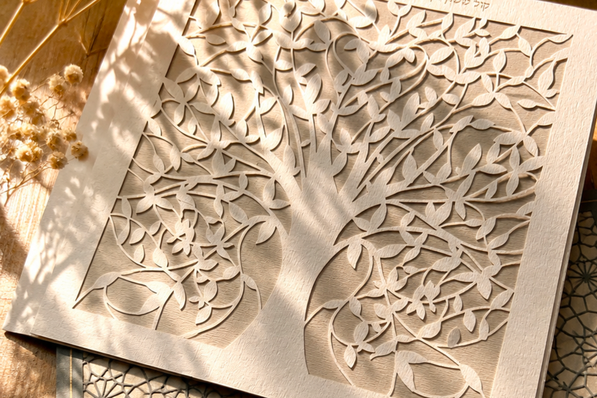 Invitation de mariage personnalisée avec découpe laser Arbre de Vie sur papier premium, accompagnée d'un faire-part élégant aux finitions haut de gamme.