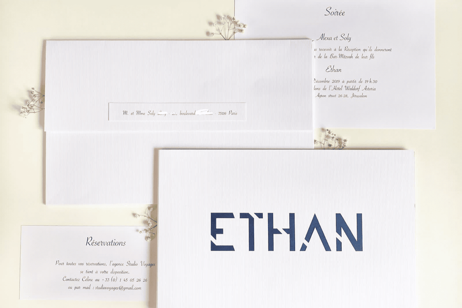 Ethan — Invitation Bar Mitzvah en découpe laser, création sur mesure BL Créations Paris