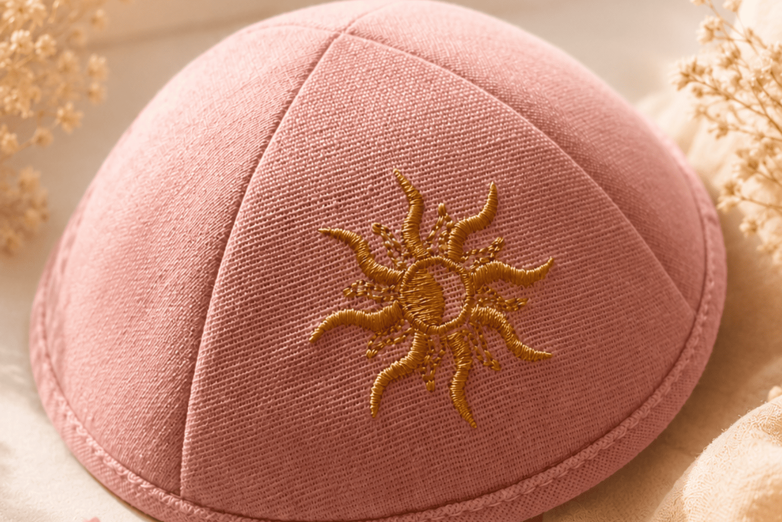 Kippa rose brodée avec motif soleil personnalisée