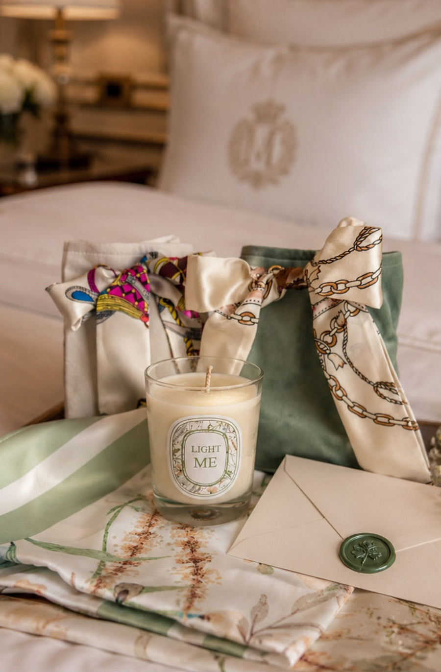 Cadeaux invités personnalisés pour mariage avec bougie, foulards et pochettes sur mesure par BL Créations Paris