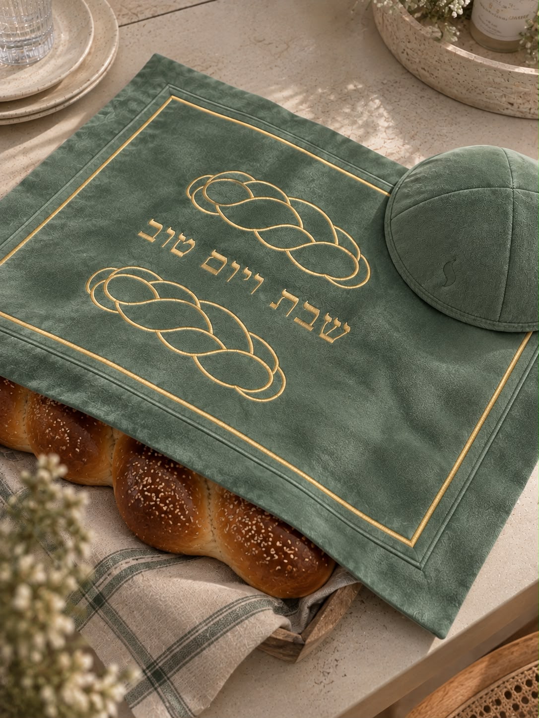 Couvre-pain de Chabbat personnalisé vert sauge avec broderie dorée et kippa assortie