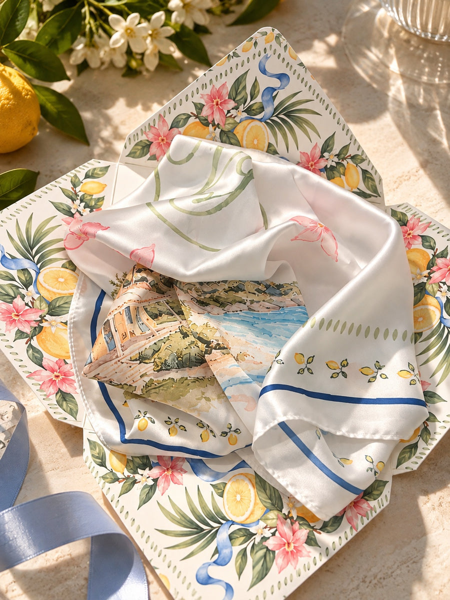 Foulard personnalisé en satin avec illustration méditerranéenne, citrons et bordure bleue pour cadeau invité