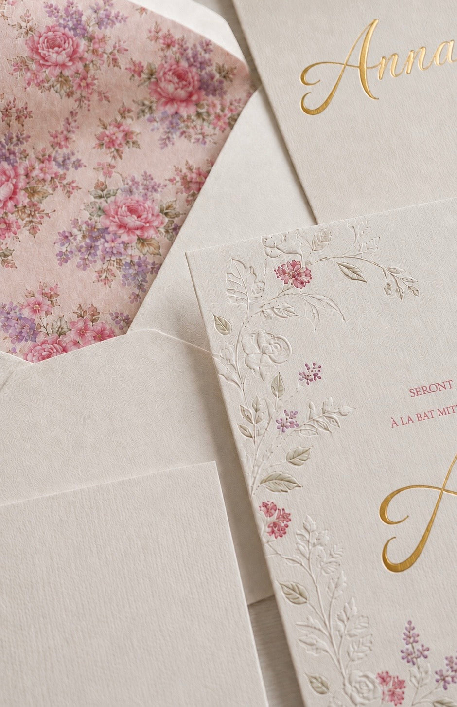 Invitation de Bat Mitsva florale rose avec gaufrage et dorure personnalisée