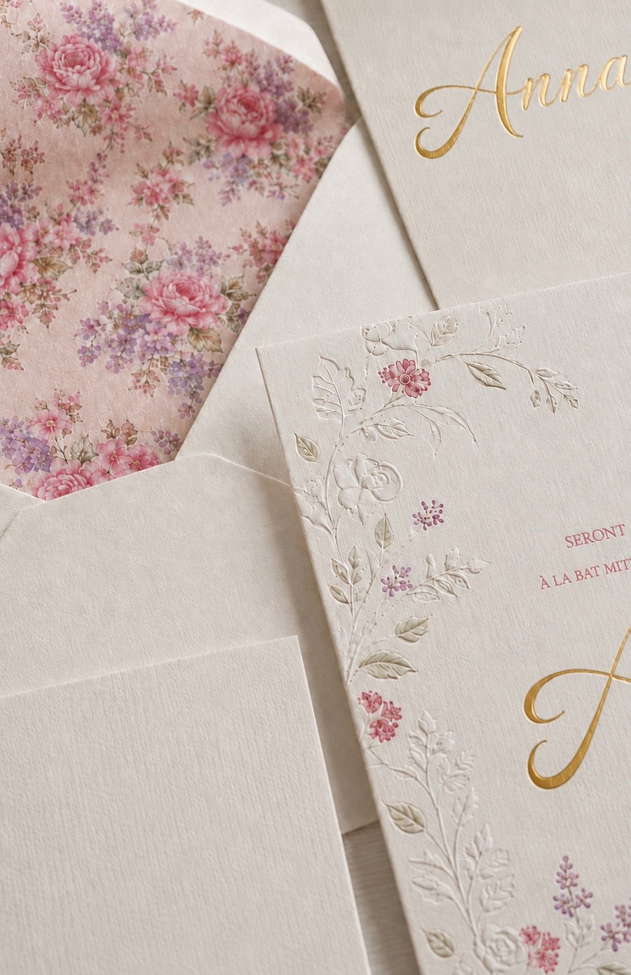 Invitation de Bat Mitsva florale rose avec gaufrage et dorure personnalisée