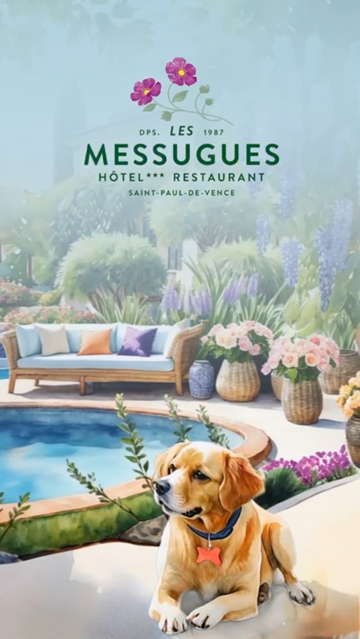 Invitation digitale illustrée pour l'ouverture de la Table des Messugues, avec illustrations du restaurant, de la terrasse, des plats gastronomiques et des informations de l'événement, idéale pour une invitation numérique personnalisée.