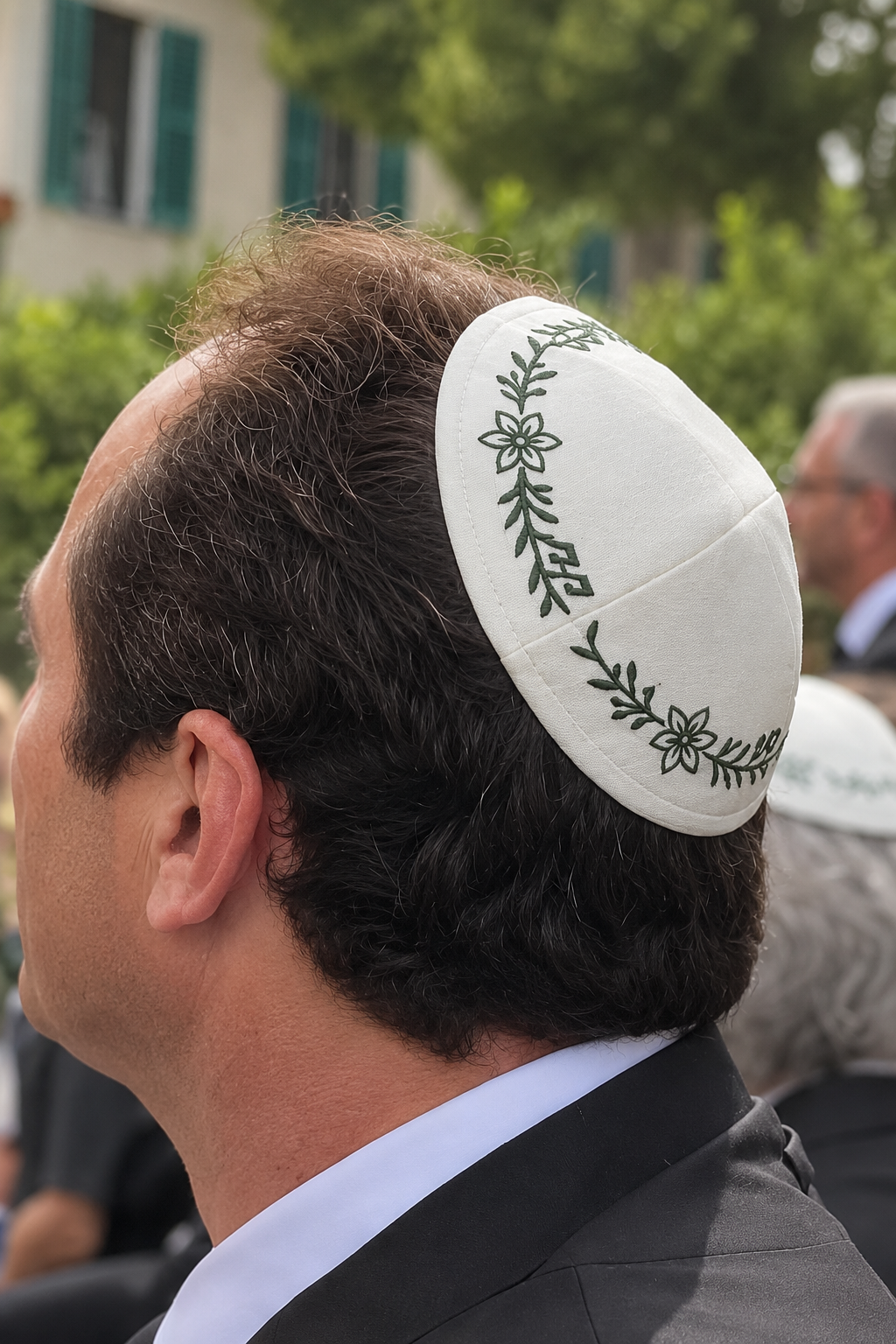 Kippa de mariage personnalisée ivoire avec broderie florale verte