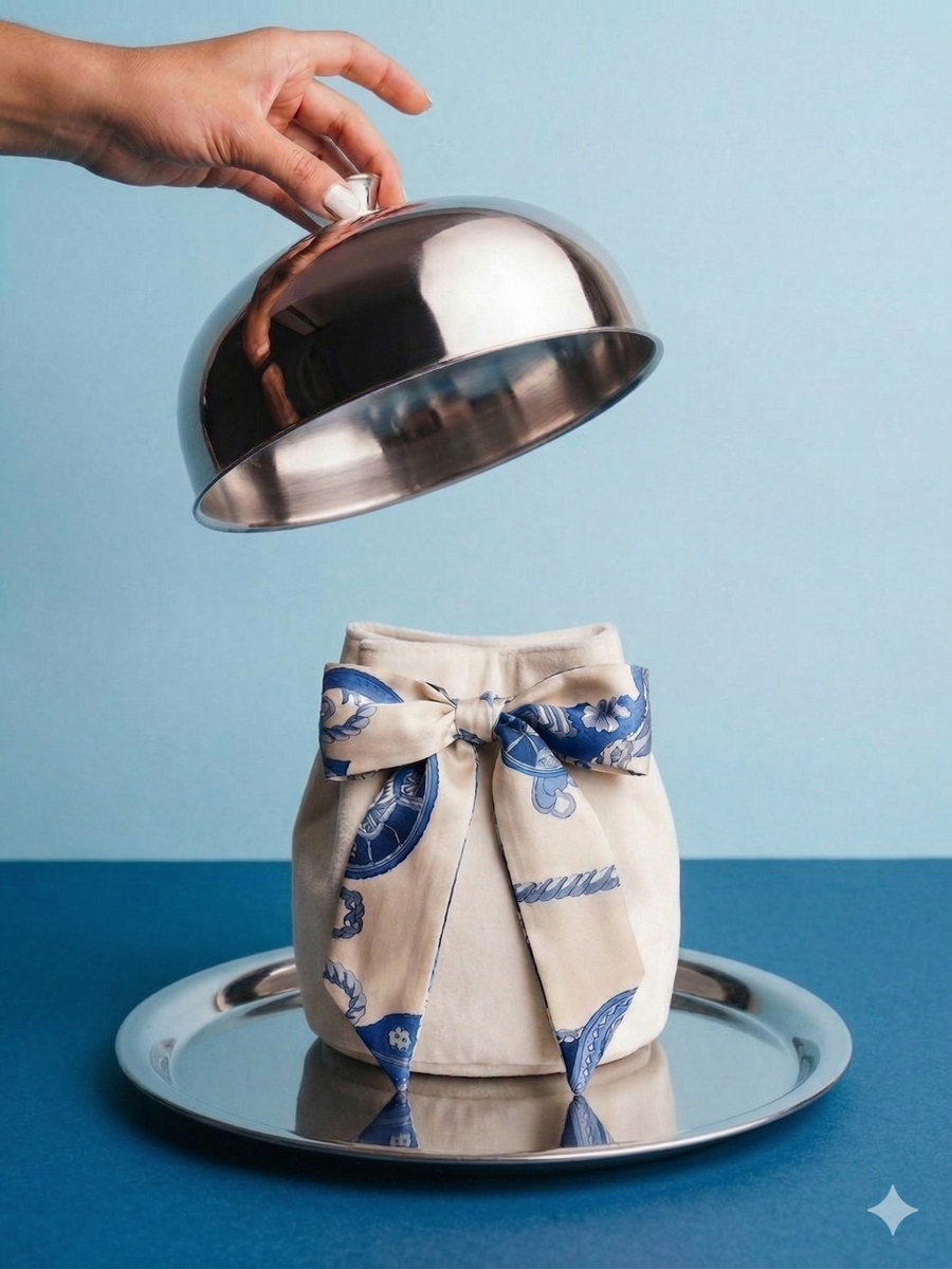 Pochette cadeau invité personnalisée beige avec foulard imprimé bleu pour mariage par BL Créations Paris