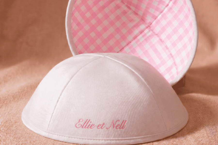 Kippa blanche vichy rose personnalisée pour mariage