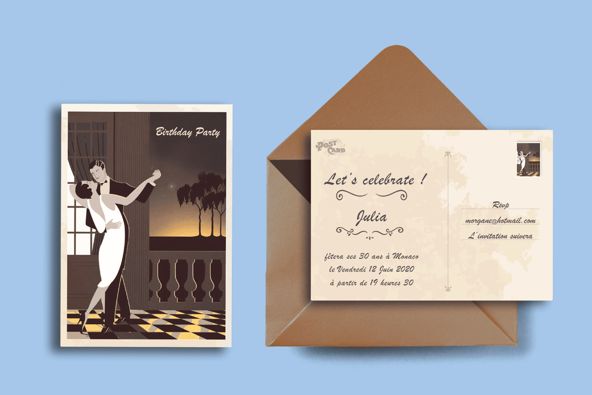 Invitation d'anniversaire personnalisée style Art Déco avec illustration rétro d'un couple dansant, carte postale personnalisée et enveloppe assortie pour une soirée élégante ou un événement à thème.